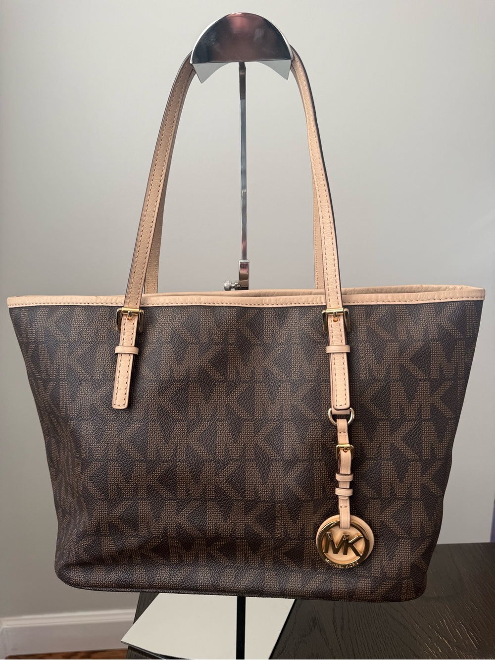 Michael Kors Brown MK Logo Tote with Beige Trim